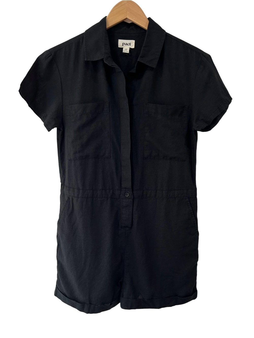 Pact women’s Harbour Romper XS Black cotton hemp utility lightweight NWOT